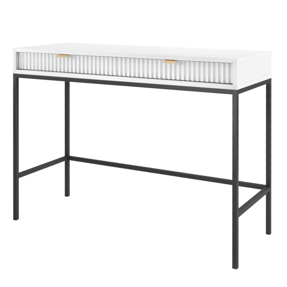 Schminktisch NANAIMO - Weiß - Goldene Griffe - 2 Schubladen - Breite 104 cm, Höhe 77 cm, Tiefe 50 cm – Bild 1