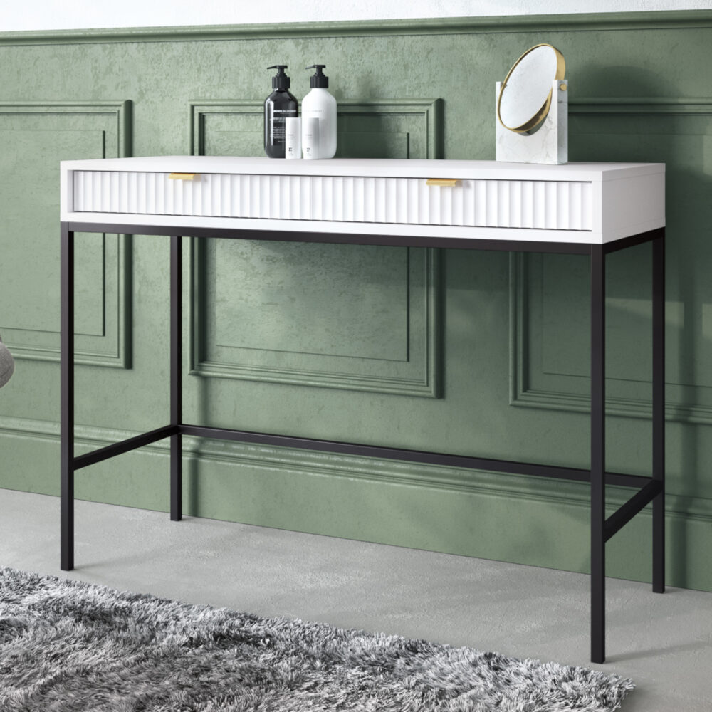 Schminktisch NANAIMO - Weiß - Goldene Griffe - 2 Schubladen - Breite 104 cm, Höhe 77 cm, Tiefe 50 cm – Bild 2