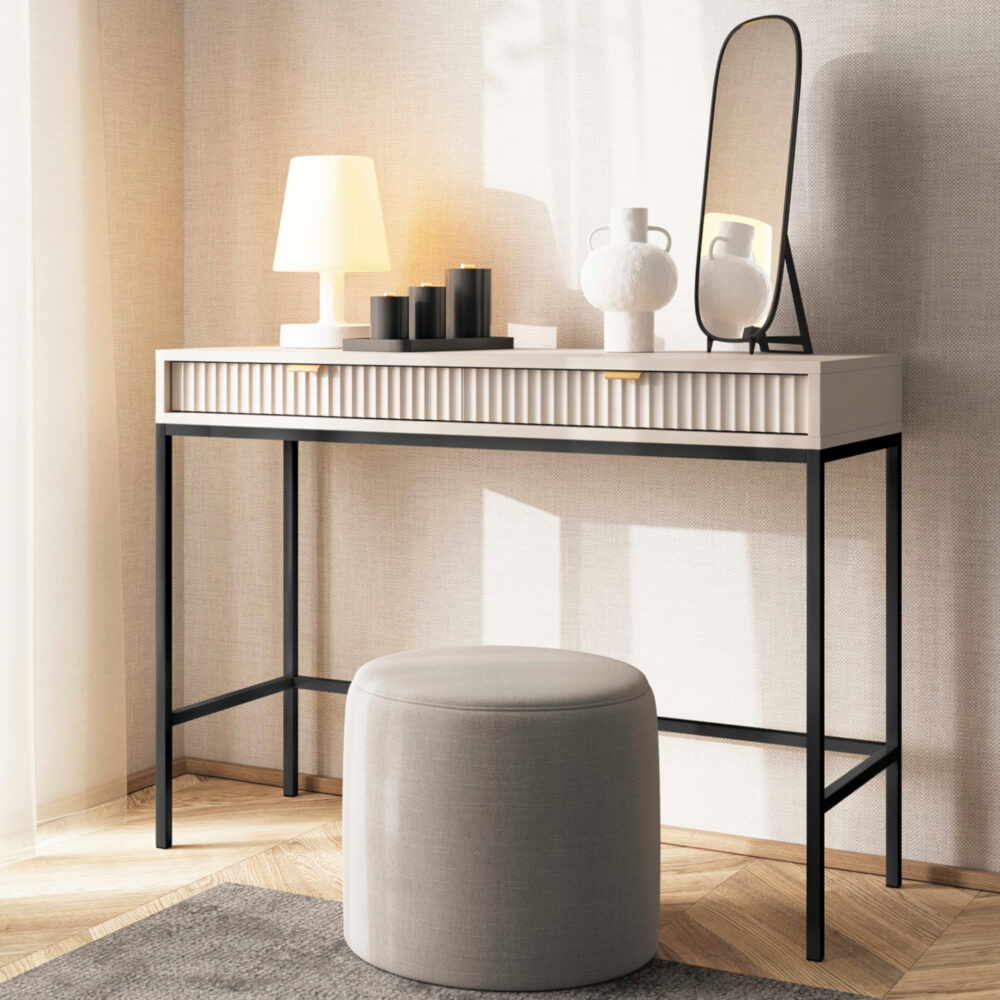 Schminktisch NANAIMO - Kaschmir - Goldene Griffe - 2 Schubladen - Breite 104 cm, Höhe 77 cm, Tiefe 50 cm – Bild 2