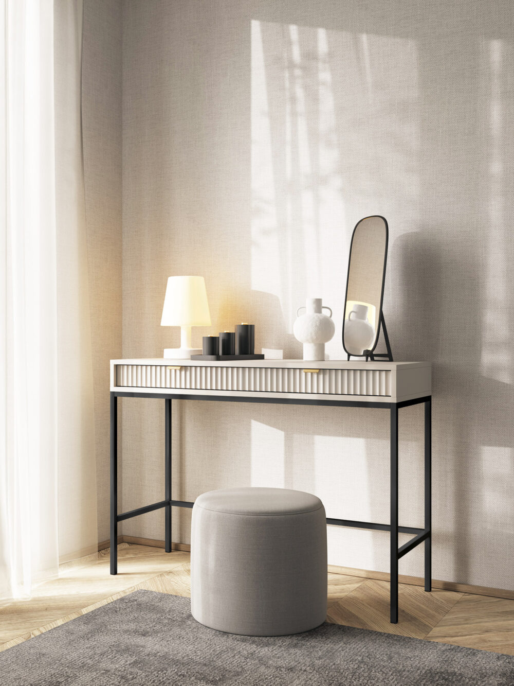 Schminktisch NANAIMO - Kaschmir - Goldene Griffe - 2 Schubladen - Breite 104 cm, Höhe 77 cm, Tiefe 50 cm – Bild 6