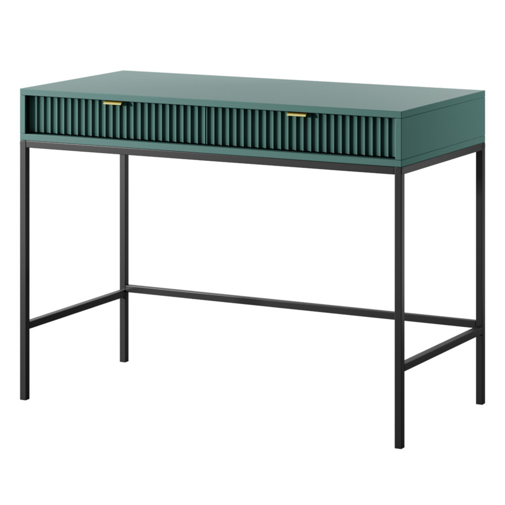 Schminktisch NANAIMO - Grün - Goldene Griffe - 2 Schubladen - Breite 104 cm, Höhe 77 cm, Tiefe 50 cm