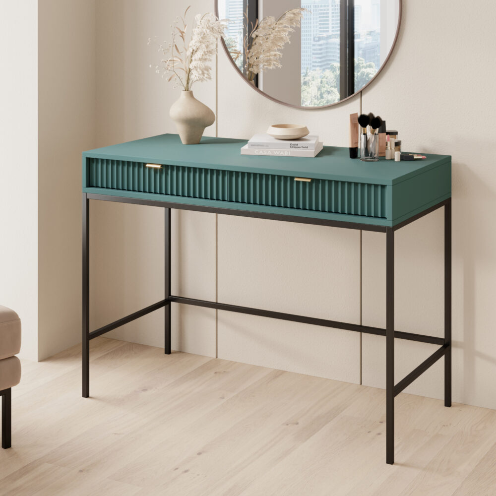 Schminktisch NANAIMO - Grün - Goldene Griffe - 2 Schubladen - Breite 104 cm, Höhe 77 cm, Tiefe 50 cm – Bild 2