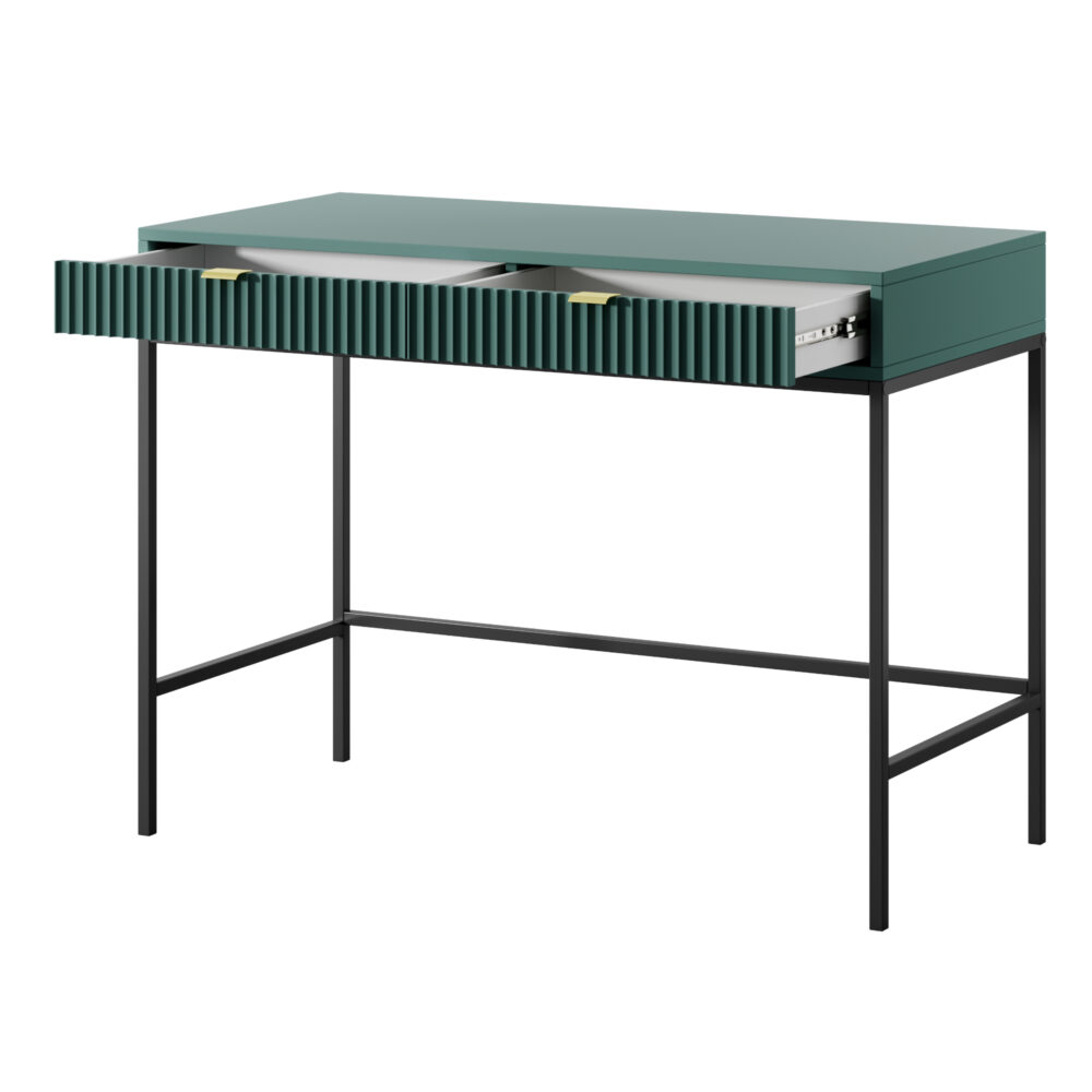 Schminktisch NANAIMO - Grün - Goldene Griffe - 2 Schubladen - Breite 104 cm, Höhe 77 cm, Tiefe 50 cm – Bild 4