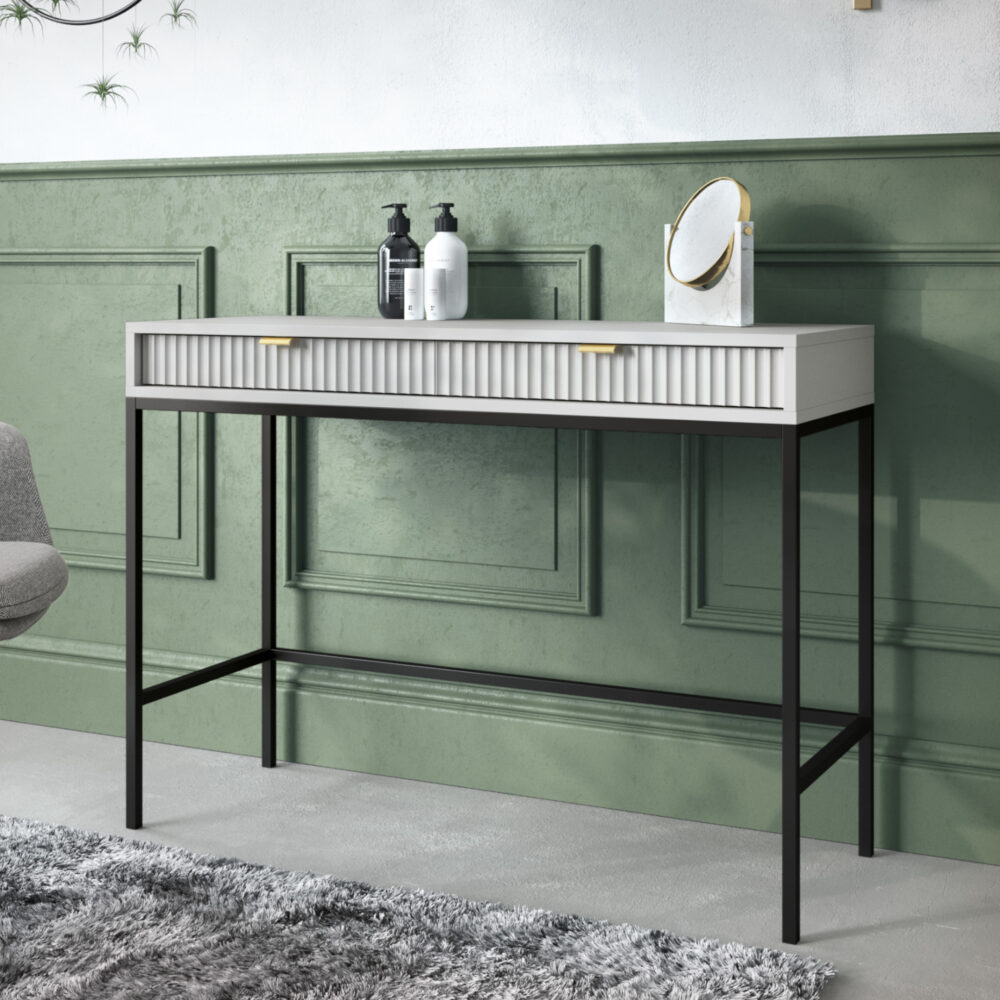 Schminktisch NANAIMO - Grau - Goldene Griffe - 2 Schubladen - Breite 104 cm, Höhe 77 cm, Tiefe 50 cm – Bild 2