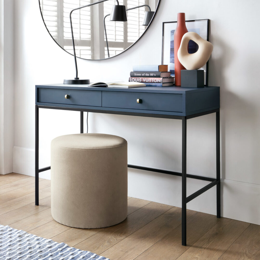 Schminktisch MONCTON - Dunkelblau - Metallgriffe - 2 Schubladen - Breite 104 cm, Höhe 77 cm, Tiefe 50 cm – Bild 2