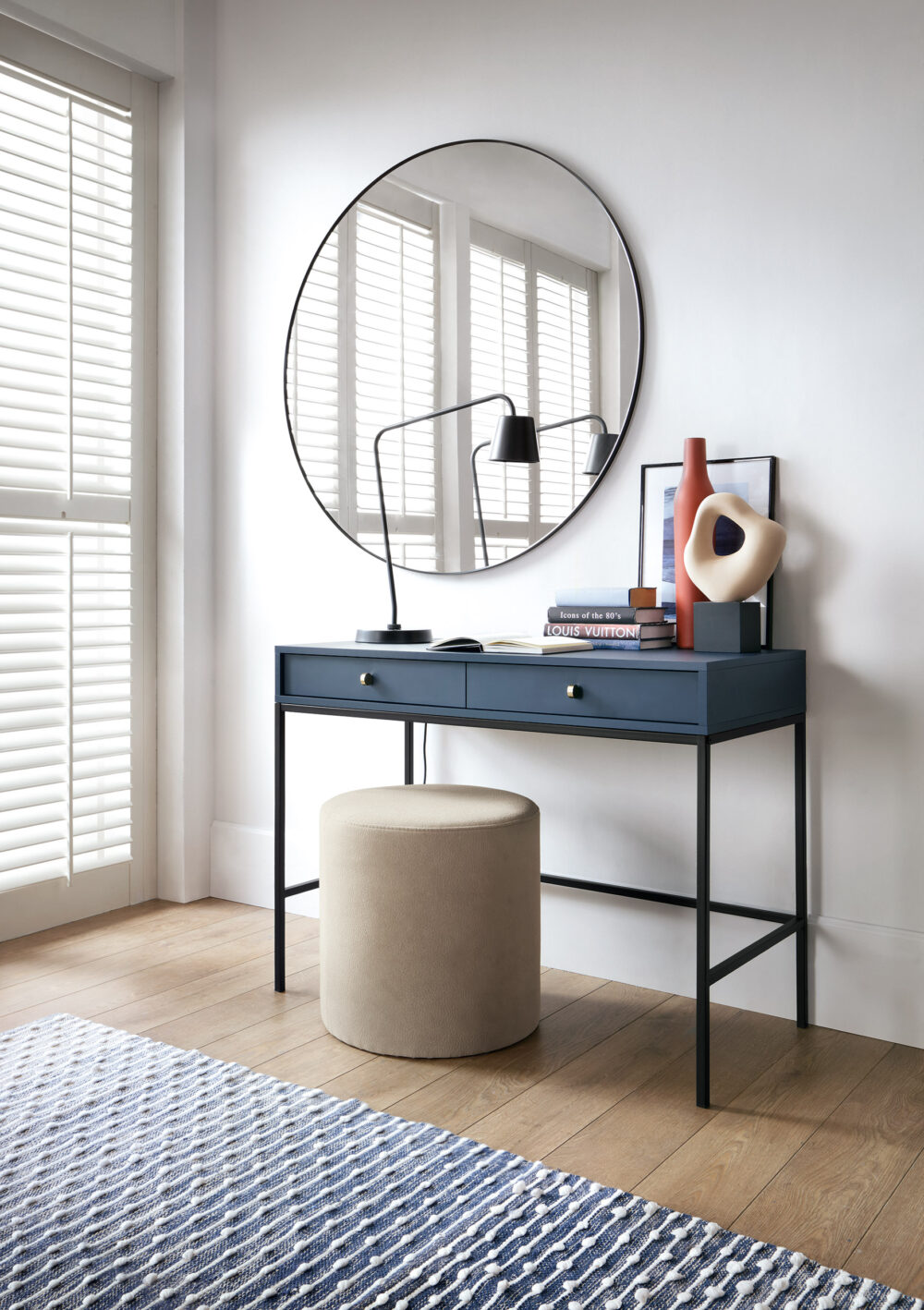 Schminktisch MONCTON - Dunkelblau - Metallgriffe - 2 Schubladen - Breite 104 cm, Höhe 77 cm, Tiefe 50 cm – Bild 6