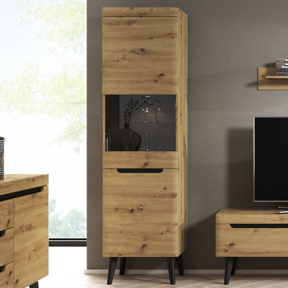 Vitrine SUDBURRY NWT53 - Eiche - Schwarze Akzente - Verglast - Breite 53 cm, Höhe 197 cm, Tiefe 40 cm – Bild 2