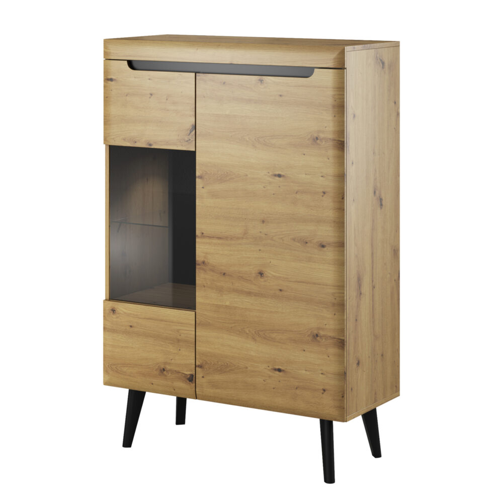 Vitrine SUDBURRY NWT90 - Eiche - Schwarze Akzente - Verglast - Breite 90 cm, Höhe 134 cm, Tiefe 40 cm