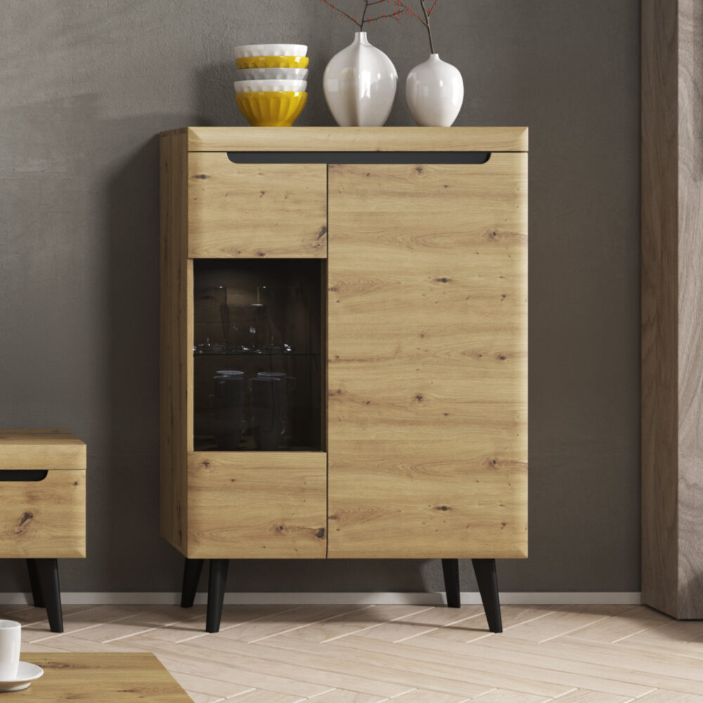 Vitrine SUDBURRY NWT90 - Eiche - Schwarze Akzente - Verglast - Breite 90 cm, Höhe 134 cm, Tiefe 40 cm – Bild 2