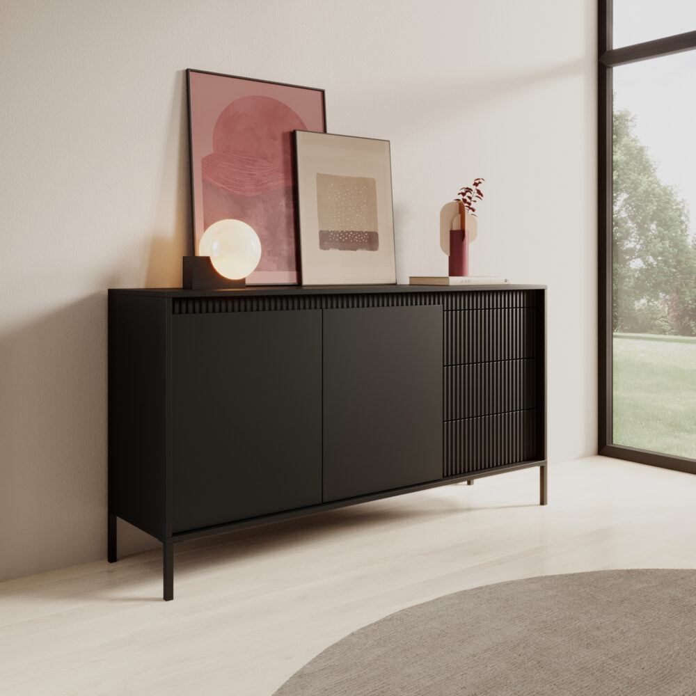 Kommode SELBU KOM2 - Schwarz - geriffelte Fronten - mit Schubladen – Bild 2