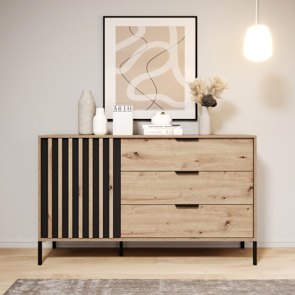 Kommode TANA - Eiche - Anthrazit - mit Schubladen - Lamellen – Bild 2