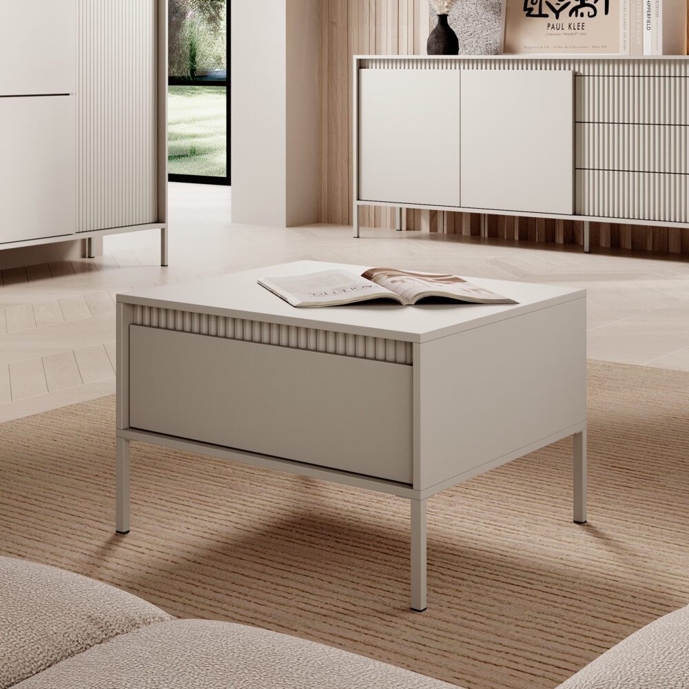 Couchtisch SELBU - Beige - geriffelte Fronten - mit Schublade – Bild 2