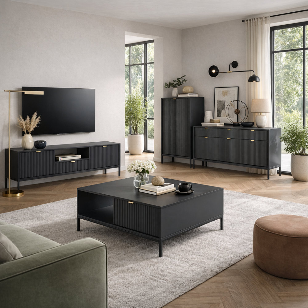 Kommode NANAIMO K104 - Schwarz - Goldene Griffe - Breite 104 cm, Höhe 125 cm, Tiefe 39 cm – Bild 5