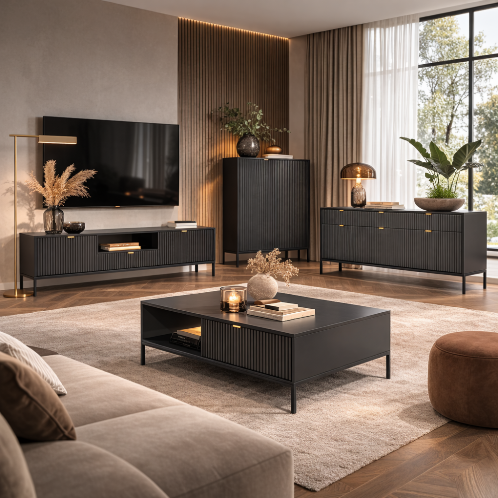 Kommode NANAIMO K104 - Schwarz - Goldene Griffe - Breite 104 cm, Höhe 125 cm, Tiefe 39 cm – Bild 6