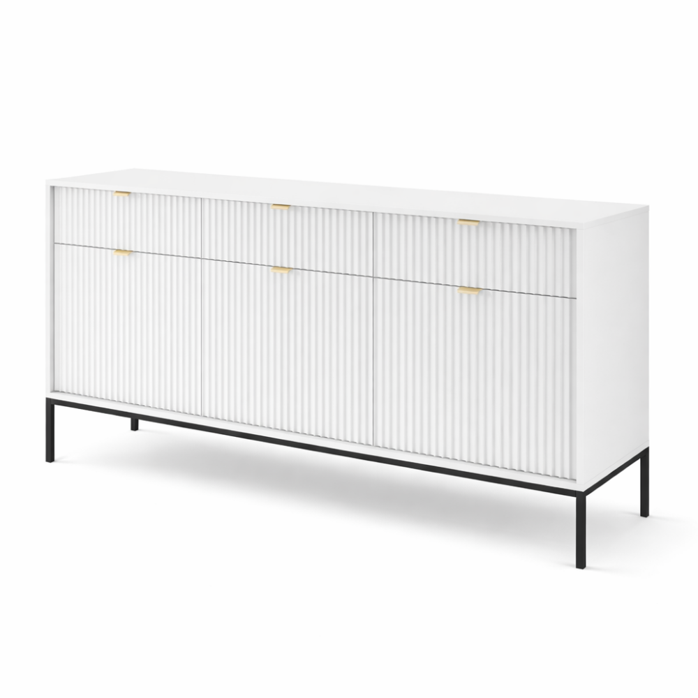 Kommode NANAIMO KSZ154 - Weiß - Goldene Griffe - 3 Schubladen - Breite 154 cm, Höhe 83 cm, Tiefe 39 cm
