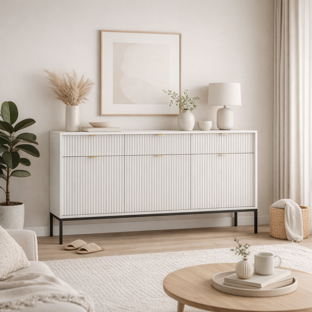 Kommode NANAIMO KSZ154 - Weiß - Goldene Griffe - 3 Schubladen - Breite 154 cm, Höhe 83 cm, Tiefe 39 cm – Bild 2