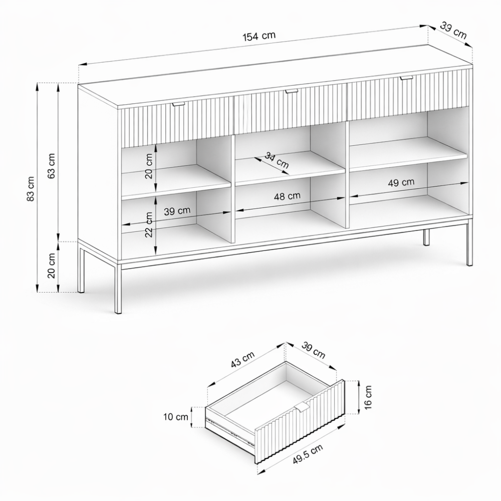 Kommode NANAIMO KSZ154 - Weiß - Goldene Griffe - 3 Schubladen - Breite 154 cm, Höhe 83 cm, Tiefe 39 cm – Bild 3