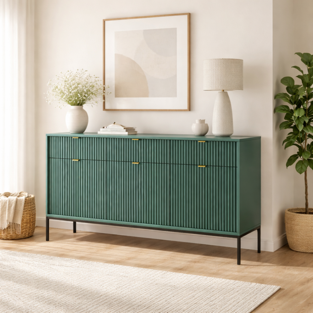 Kommode NANAIMO KSZ154 - Grün - Goldene Griffe - 3 Schubladen - Breite 154 cm, Höhe 83 cm, Tiefe 39 cm – Bild 2