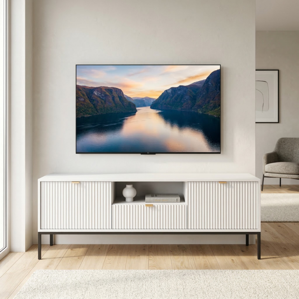 TV-Lowboard NANAIMO - Weiß - Goldene Griffe - Breite 154 cm, Höhe 56 cm, Tiefe 39 cm – Bild 2