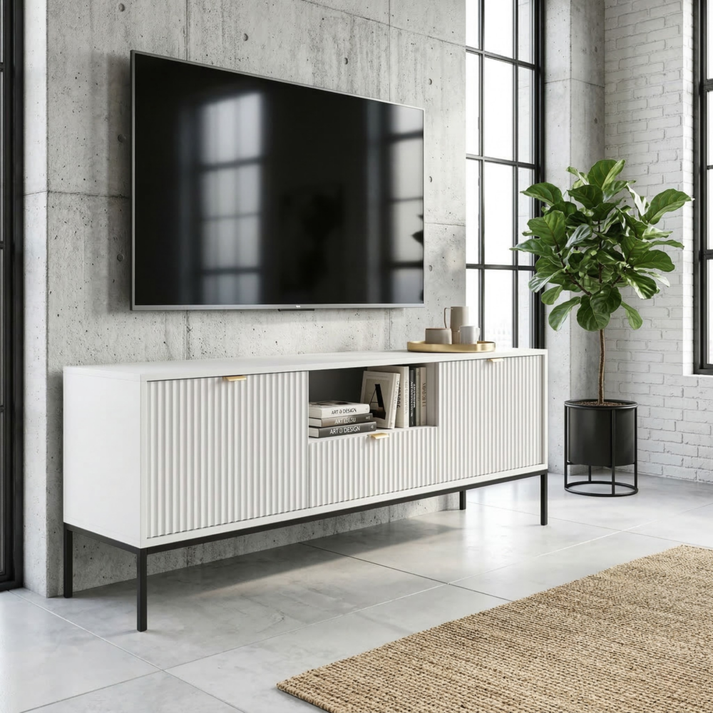 TV-Lowboard NANAIMO - Weiß - Goldene Griffe - Breite 154 cm, Höhe 56 cm, Tiefe 39 cm – Bild 5