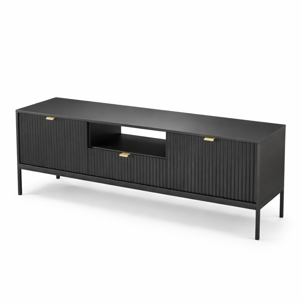 TV-Lowboard NANAIMO - Schwarz - Goldene Griffe - Breite 154 cm, Höhe 56 cm, Tiefe 39 cm