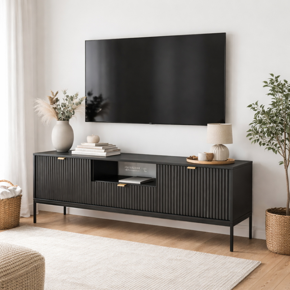 TV-Lowboard NANAIMO - Schwarz - Goldene Griffe - Breite 154 cm, Höhe 56 cm, Tiefe 39 cm – Bild 2