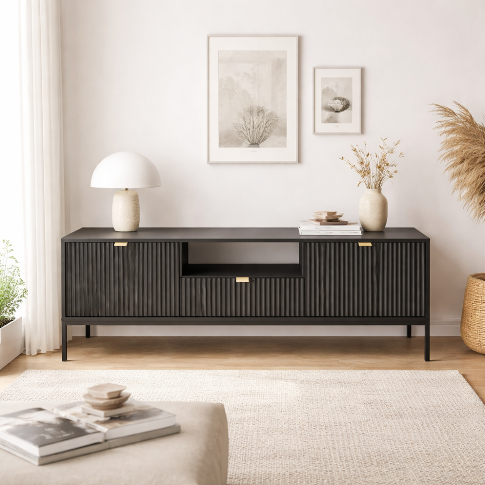 TV-Lowboard NANAIMO - Schwarz - Goldene Griffe - Breite 154 cm, Höhe 56 cm, Tiefe 39 cm – Bild 5