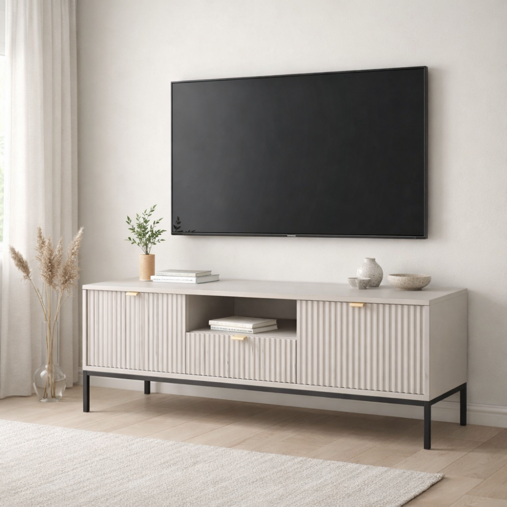 TV-Lowboard NANAIMO - Grau - Goldene Griffe - Breite 154 cm, Höhe 56 cm, Tiefe 39 cm – Bild 2