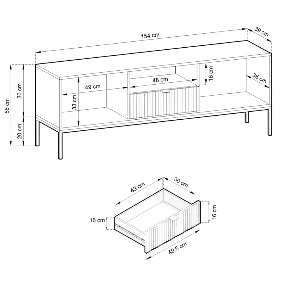 TV-Lowboard NANAIMO - Grau - Goldene Griffe - Breite 154 cm, Höhe 56 cm, Tiefe 39 cm – Bild 3