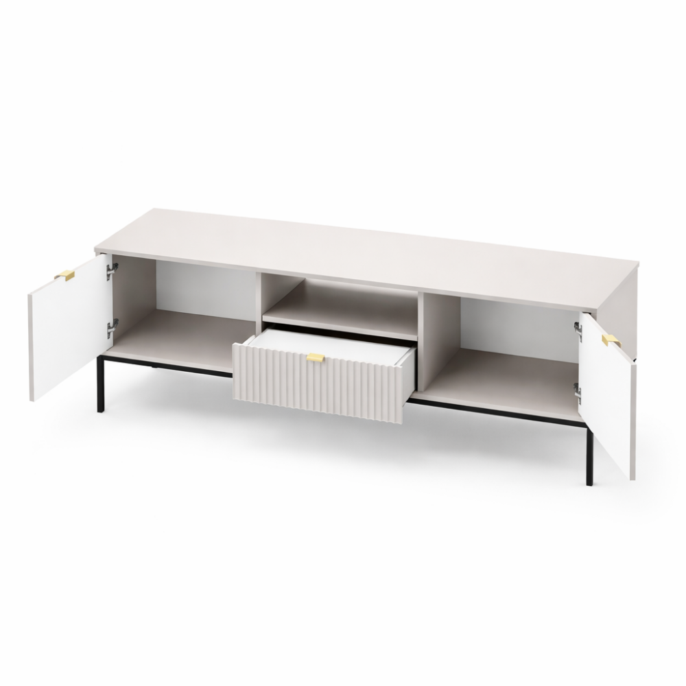 TV-Lowboard NANAIMO - Grau - Goldene Griffe - Breite 154 cm, Höhe 56 cm, Tiefe 39 cm – Bild 4