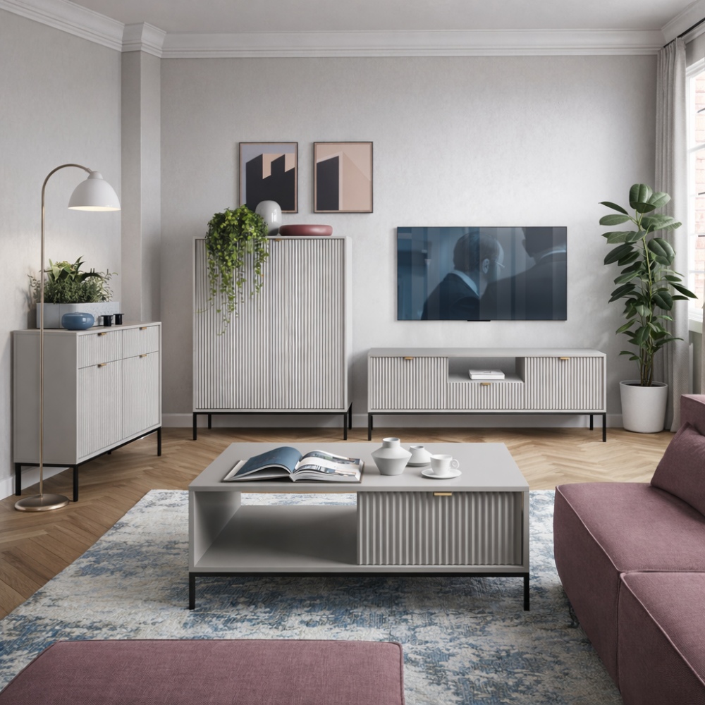 TV-Lowboard NANAIMO - Grau - Goldene Griffe - Breite 154 cm, Höhe 56 cm, Tiefe 39 cm – Bild 5