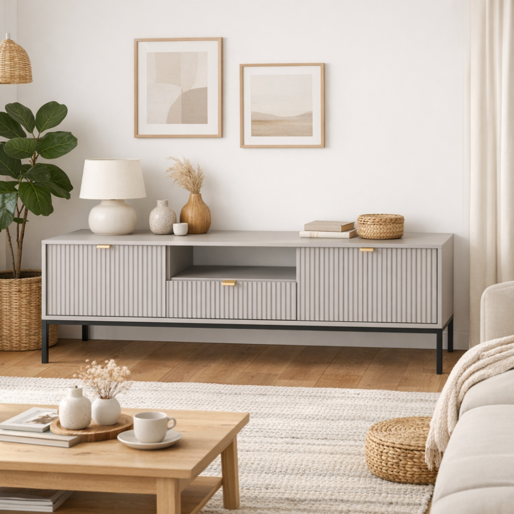 TV-Lowboard NANAIMO - Grau - Goldene Griffe - Breite 154 cm, Höhe 56 cm, Tiefe 39 cm – Bild 6