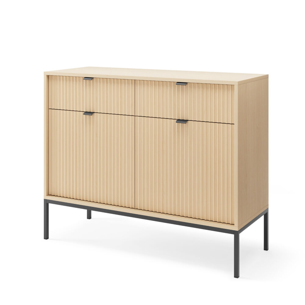 Commode NANAIMO KSZ104 - Farbe Eiche - Schwarze Griffe - 2 Schubladen - Breite 104 cm, Höhe 83 cm, Tiefe 39 cm