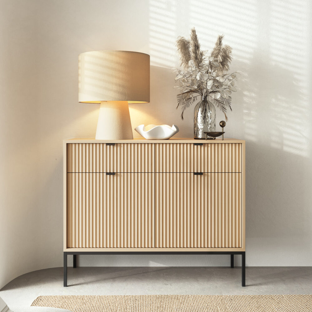 Commode NANAIMO KSZ104 - Farbe Eiche - Schwarze Griffe - 2 Schubladen - Breite 104 cm, Höhe 83 cm, Tiefe 39 cm – Bild 2