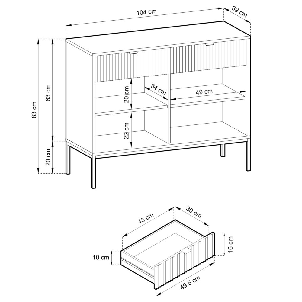 Commode NANAIMO KSZ104 - Farbe Eiche - Schwarze Griffe - 2 Schubladen - Breite 104 cm, Höhe 83 cm, Tiefe 39 cm – Bild 3