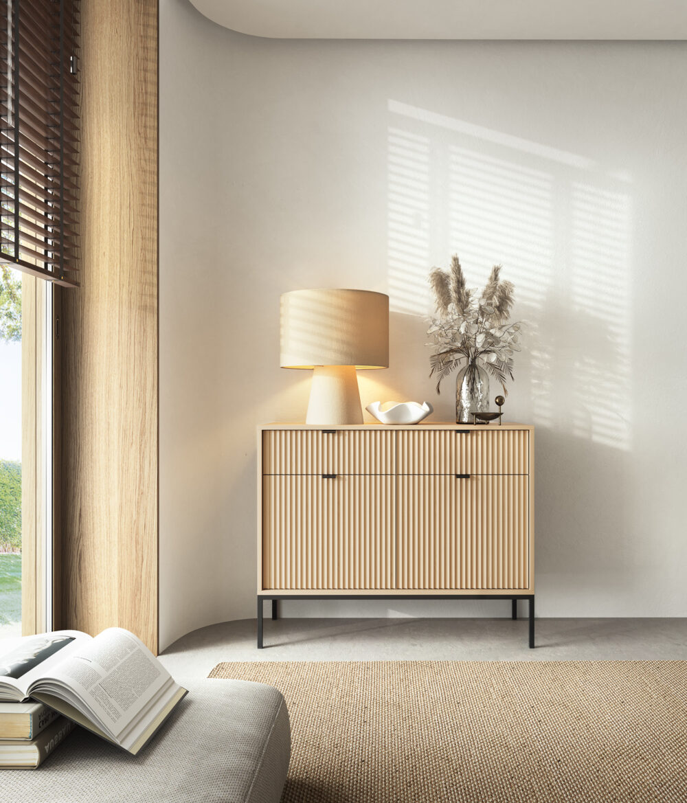 Commode NANAIMO KSZ104 - Farbe Eiche - Schwarze Griffe - 2 Schubladen - Breite 104 cm, Höhe 83 cm, Tiefe 39 cm – Bild 6