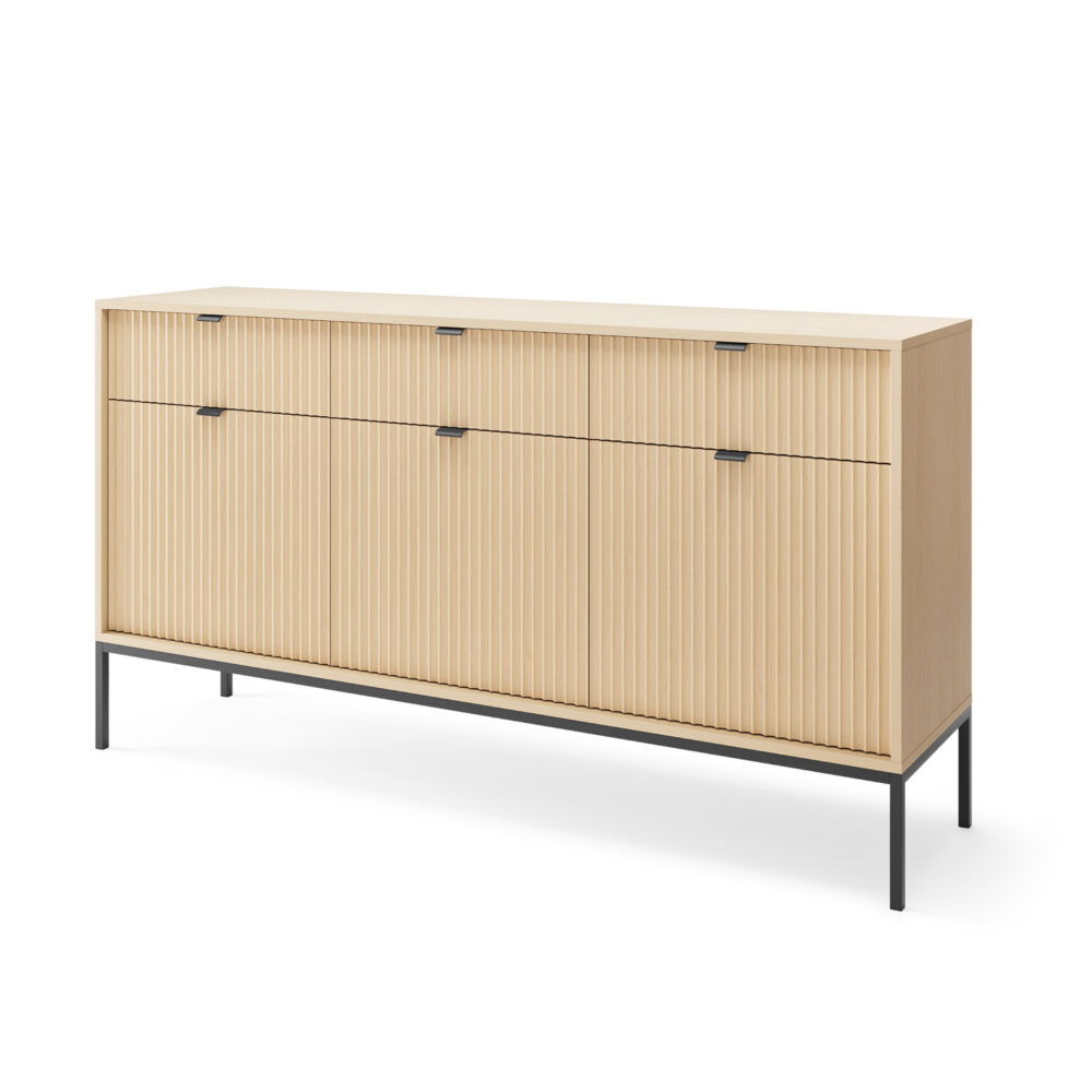 Commode NANAIMO KSZ154 - Farbe Eiche - Schwarze Griffe - 3 Schubladen - Breite 154 cm, Höhe 83 cm, Tiefe 39 cm