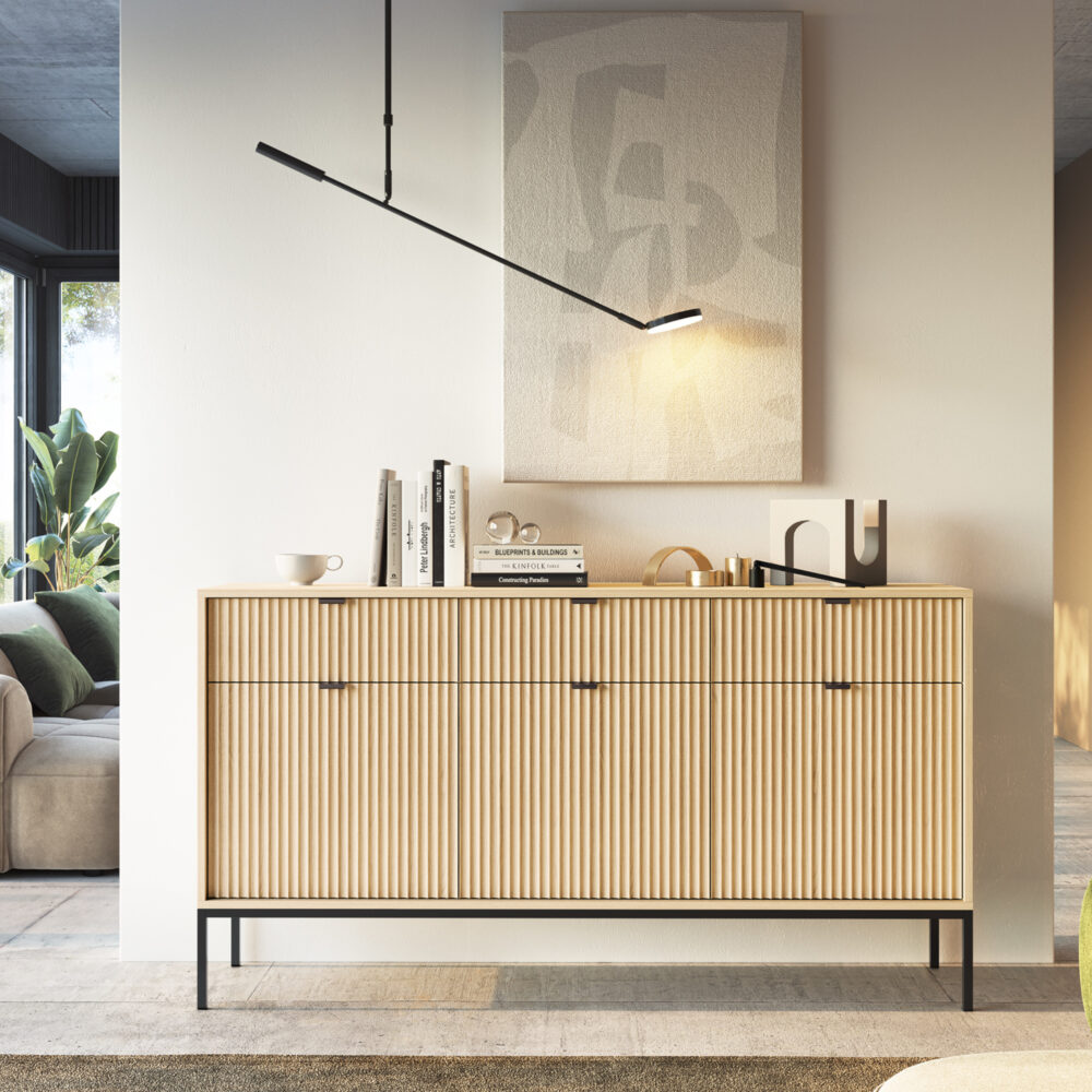 Commode NANAIMO KSZ154 - Farbe Eiche - Schwarze Griffe - 3 Schubladen - Breite 154 cm, Höhe 83 cm, Tiefe 39 cm – Bild 2