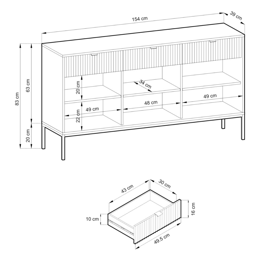 Commode NANAIMO KSZ154 - Farbe Eiche - Schwarze Griffe - 3 Schubladen - Breite 154 cm, Höhe 83 cm, Tiefe 39 cm – Bild 3