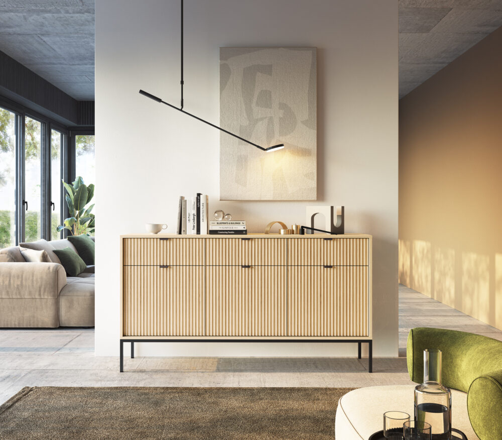 Commode NANAIMO KSZ154 - Farbe Eiche - Schwarze Griffe - 3 Schubladen - Breite 154 cm, Höhe 83 cm, Tiefe 39 cm – Bild 6