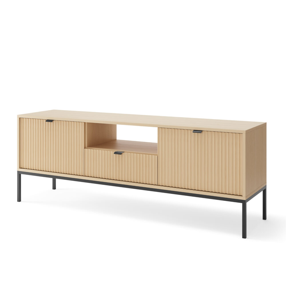 Fernsehtisch NANAIMO - Farbe Eiche - Schwarze Griffe - Breite 154 cm, Höhe 56 cm, Tiefe 39 cm