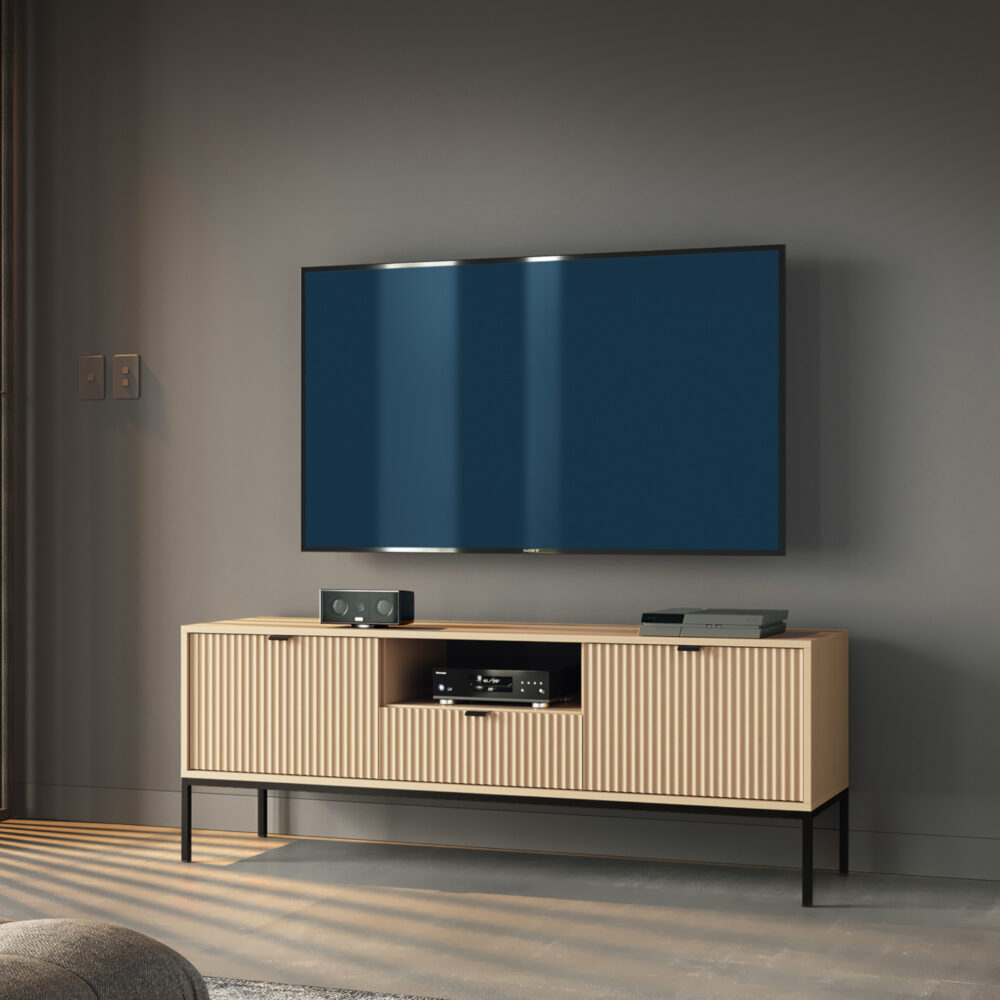 Fernsehtisch NANAIMO - Farbe Eiche - Schwarze Griffe - Breite 154 cm, Höhe 56 cm, Tiefe 39 cm – Bild 2