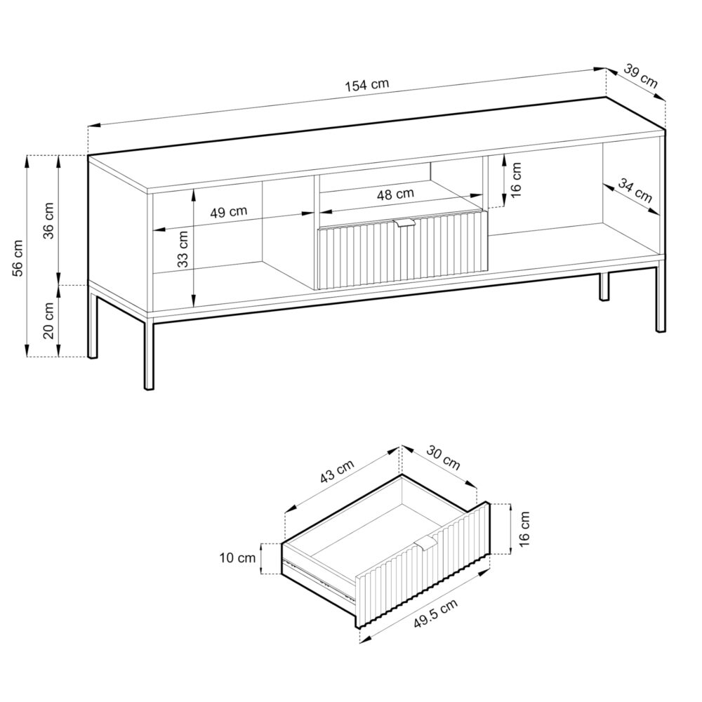 Fernsehtisch NANAIMO - Farbe Eiche - Schwarze Griffe - Breite 154 cm, Höhe 56 cm, Tiefe 39 cm – Bild 3