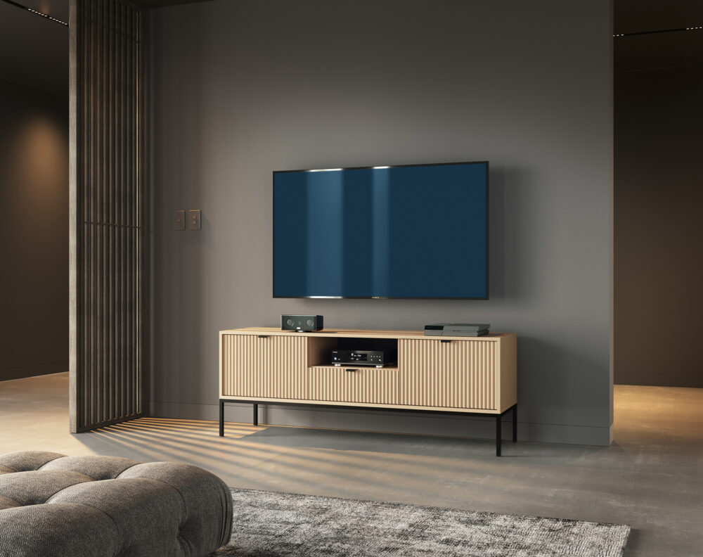 Fernsehtisch NANAIMO - Farbe Eiche - Schwarze Griffe - Breite 154 cm, Höhe 56 cm, Tiefe 39 cm – Bild 6