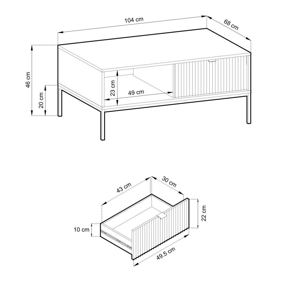 Couchtisch NANAIMO - Farbton Eiche - Schwarze Griffe - Mit Schublade - Breite 104 cm, Höhe 48 cm, Tiefe 68 cm – Bild 2