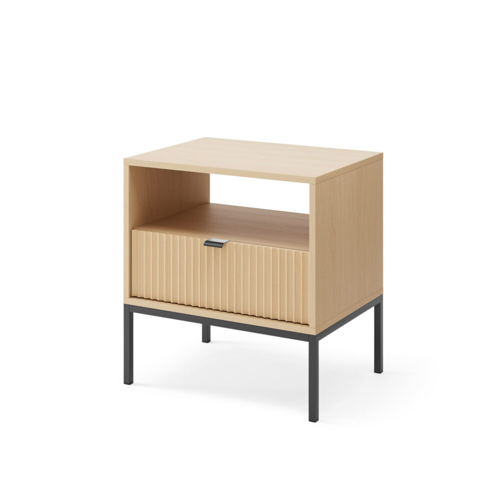 Nachtkommode NANAIMO - Farbe Eiche - Schwarze Griffe - Mit Schublade - Breite 54 cm, Höhe 56 cm, Tiefe 39 cm