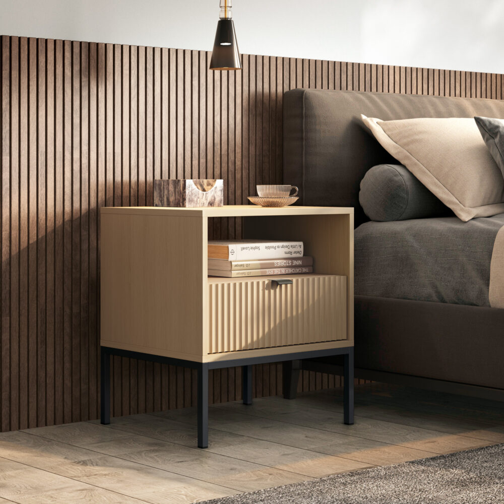 Nachtkommode NANAIMO - Farbe Eiche - Schwarze Griffe - Mit Schublade - Breite 54 cm, Höhe 56 cm, Tiefe 39 cm – Bild 2