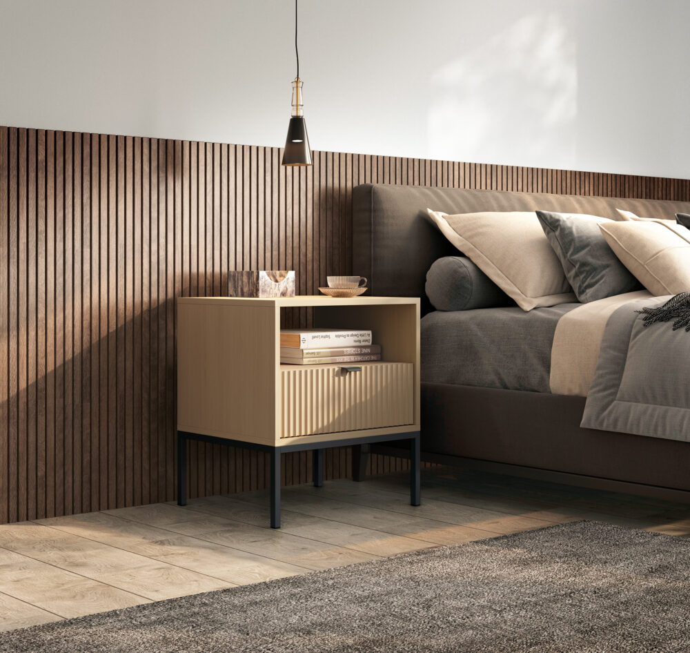 Nachtkommode NANAIMO - Farbe Eiche - Schwarze Griffe - Mit Schublade - Breite 54 cm, Höhe 56 cm, Tiefe 39 cm – Bild 6