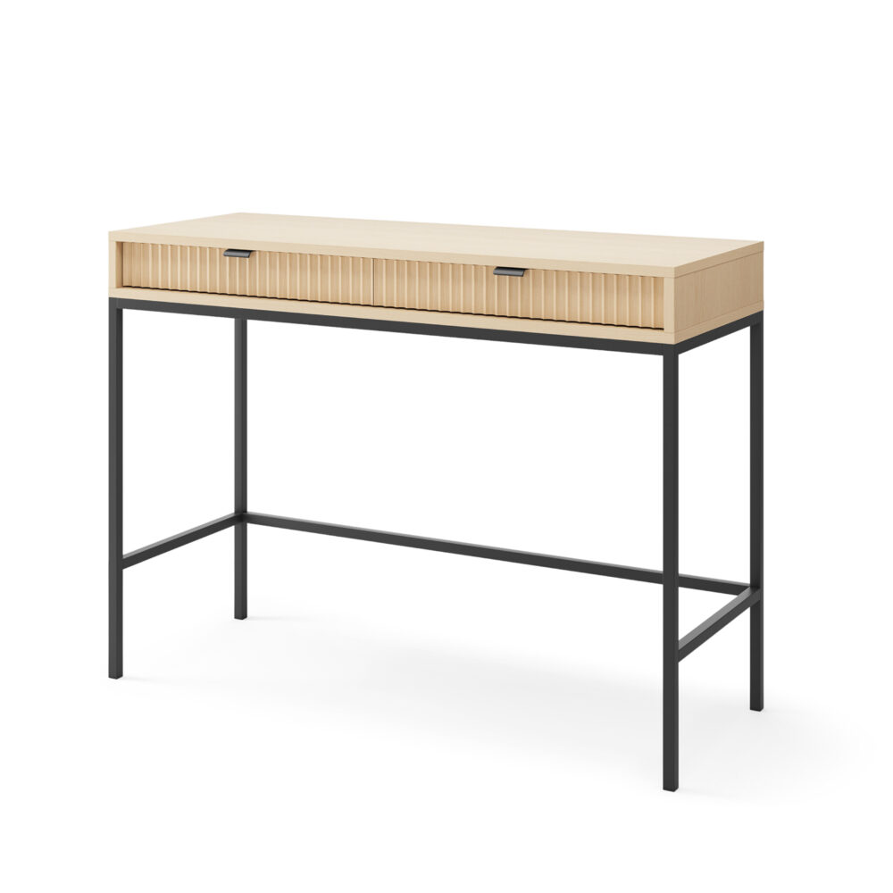 Toaletka NANAIMO - Farbe Eiche - Schwarze Griffe - Zwei Schubladen - Breite 104 cm, Höhe 77 cm, Tiefe 50 cm