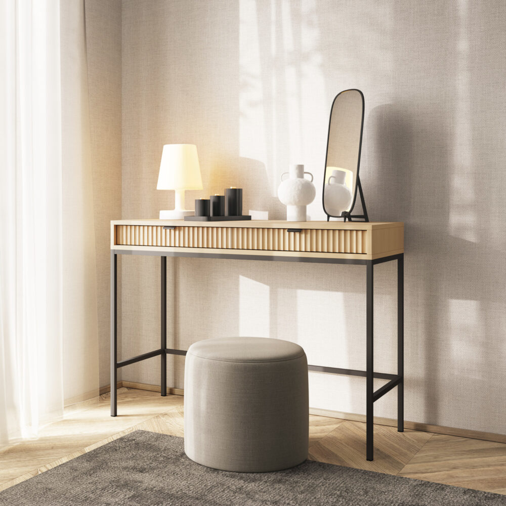 Toaletka NANAIMO - Farbe Eiche - Schwarze Griffe - Zwei Schubladen - Breite 104 cm, Höhe 77 cm, Tiefe 50 cm – Bild 2